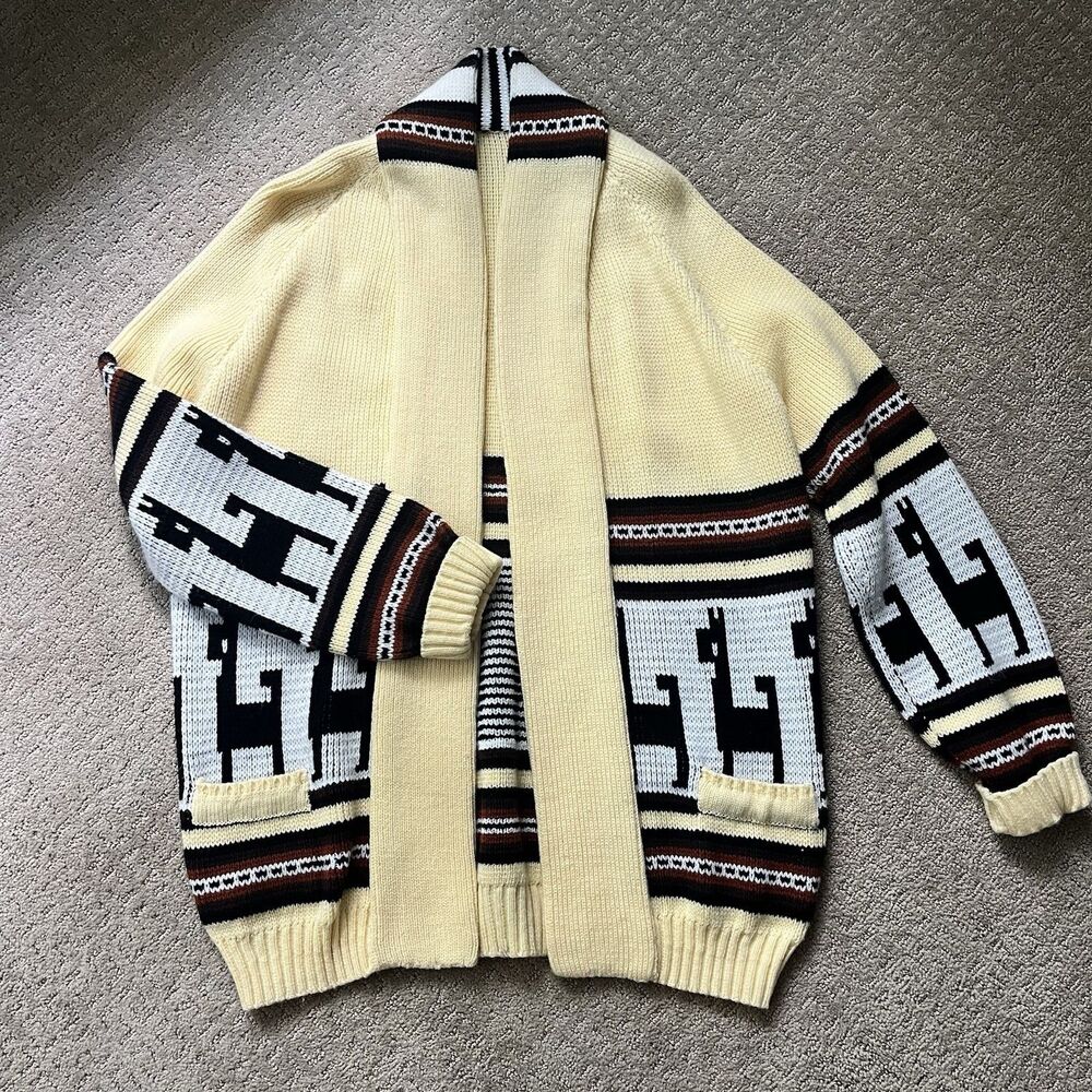 Vintage Hand Knit Shawl Collar Cardigan Sweater Llama Unisex Yellow Brown Stripe